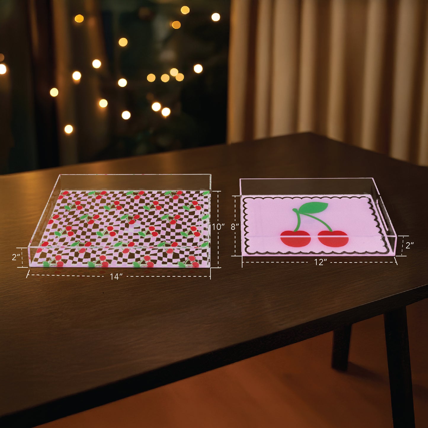 2-pc Acrylic Cherry & Pink Serving Trays with Handles - Decorative Set