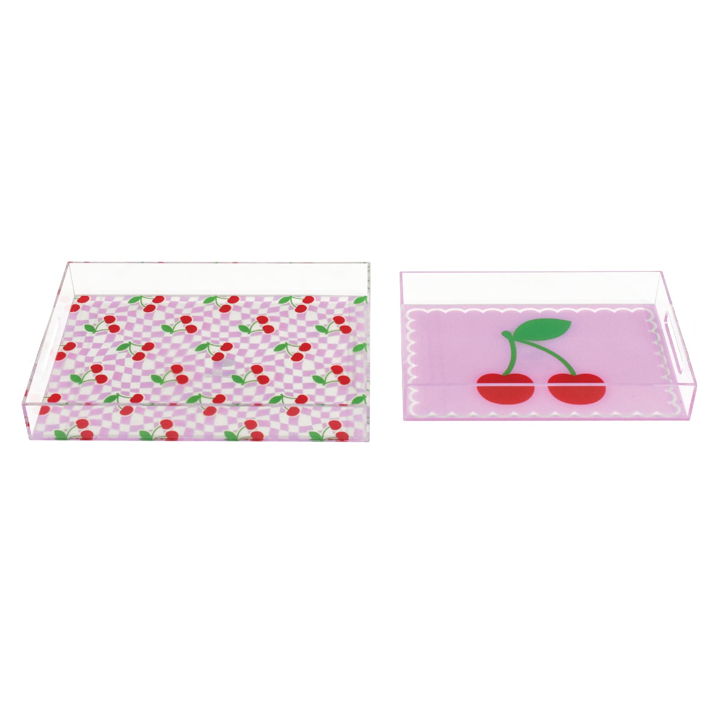 2-pc Acrylic Cherry & Pink Serving Trays with Handles - Decorative Set