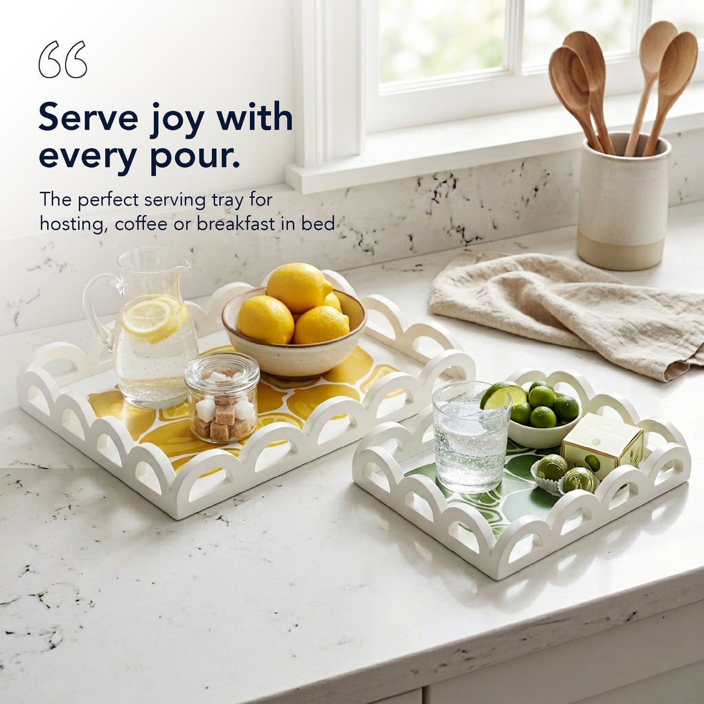 2-piece scalloped rectangle serving tray set with lemon and lime citrus print, decorative MDF trays for kitchen counter, coffee table, bathroom vanity, and desk organization