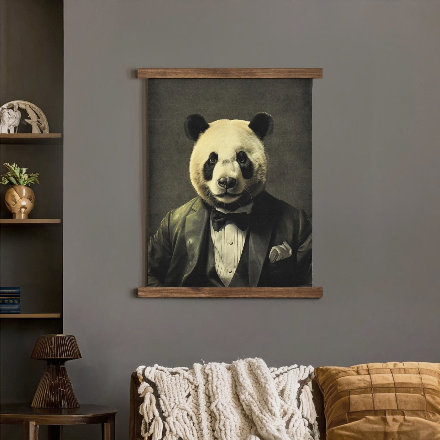 Dapper Panda Hanging Linen Wall Art - Vintage Animal Tapestry