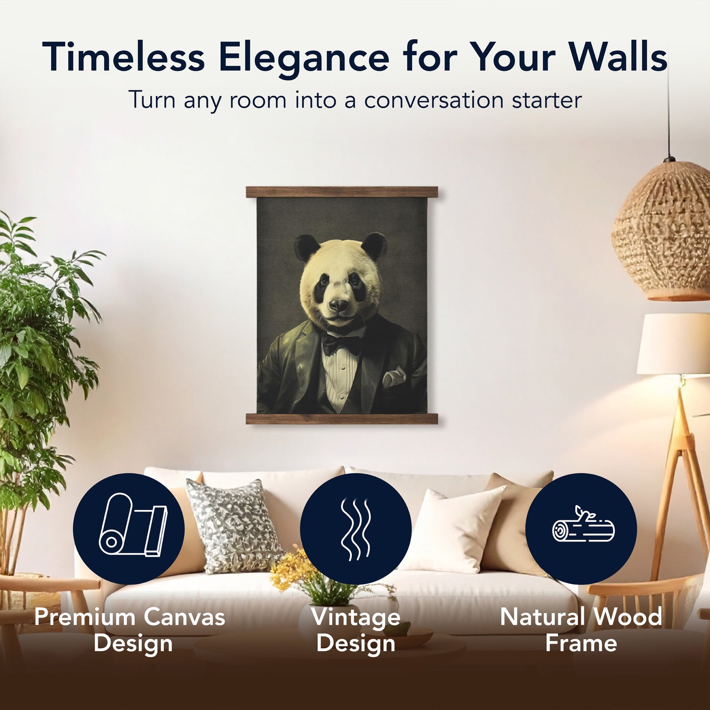 Dapper Panda Hanging Linen Wall Art - Vintage Animal Tapestry
