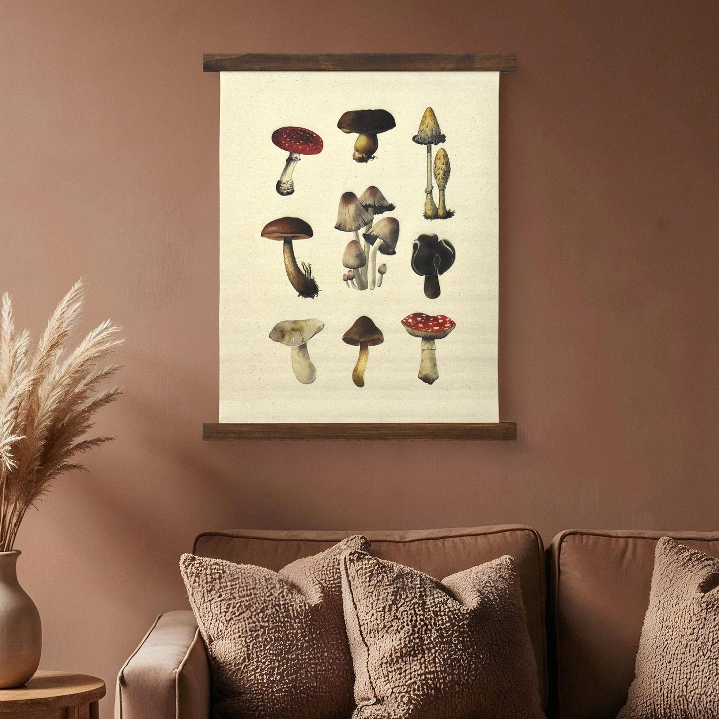 Boho Mushroom Linen Tapestry - Botanical Wall Hanging Art