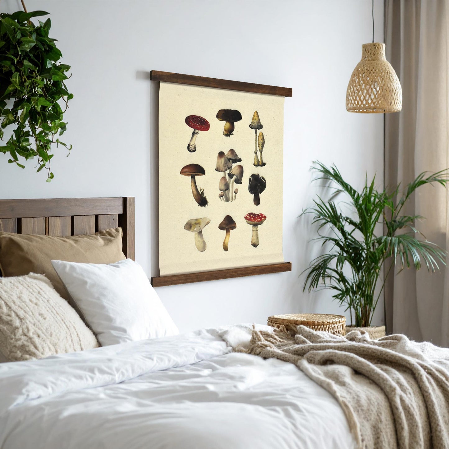 Boho Mushroom Linen Tapestry - Botanical Wall Hanging Art