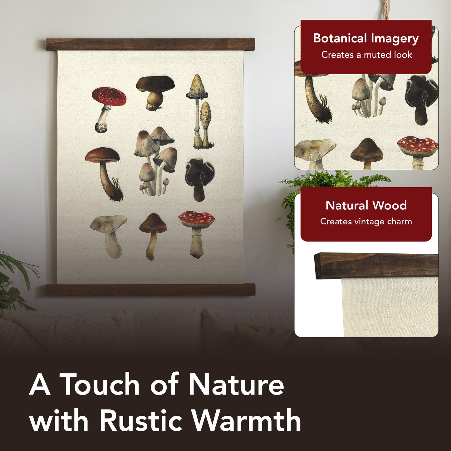 Boho Mushroom Linen Tapestry - Botanical Wall Hanging Art
