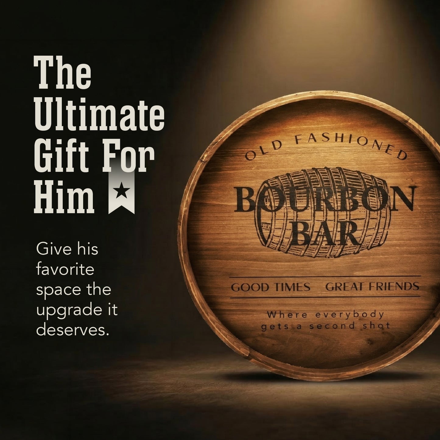 round bourbon bar framed plaque wall decor with vintage barrel design, rustic wall sign for man cave, home bar, kitchen, or game room