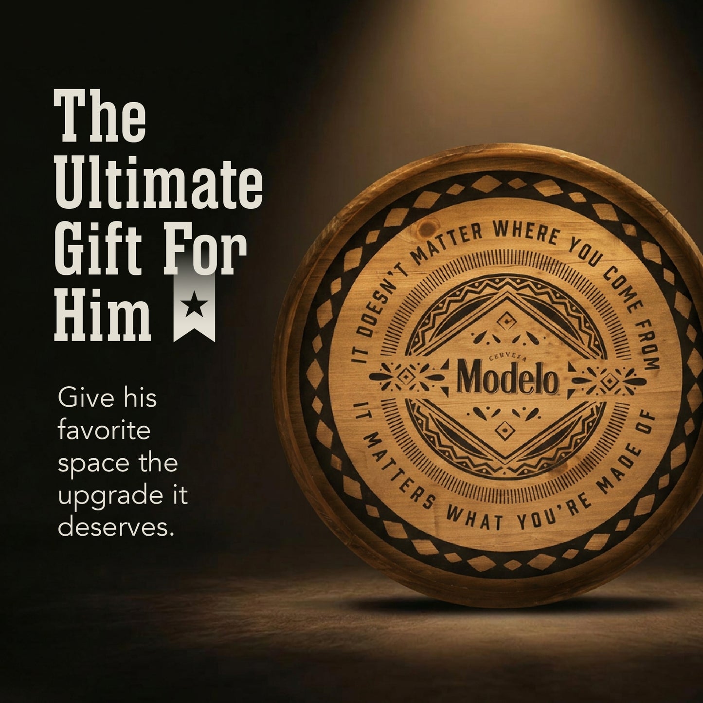 round cerveza beer barrel style framed plaque wall decor with vintage typography, rustic bar sign for home bar, man cave, or garage