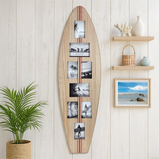 Surfboard Photo Collage Wall Decor - 8-Photo Beach Frame Natural/Red Stripe