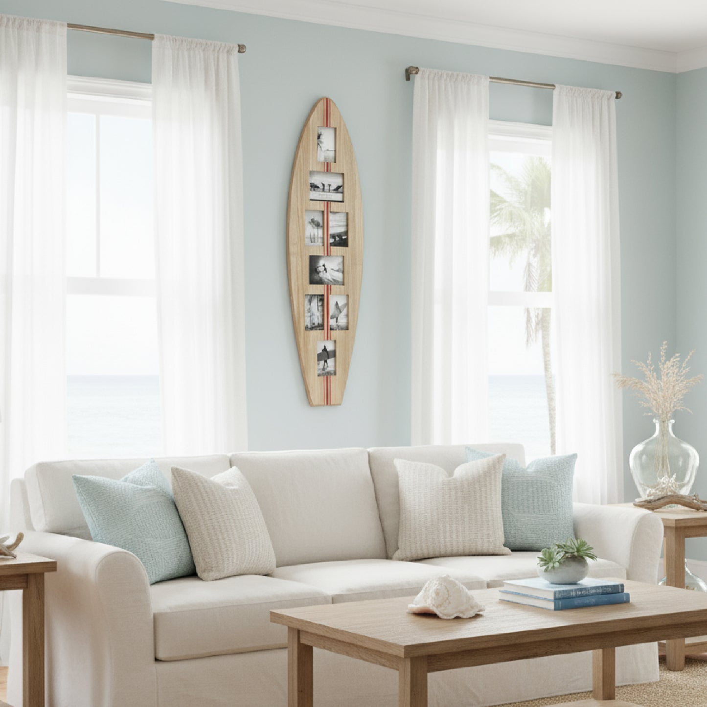 Surfboard Photo Collage Wall Decor - 8-Photo Beach Frame Natural/Red Stripe