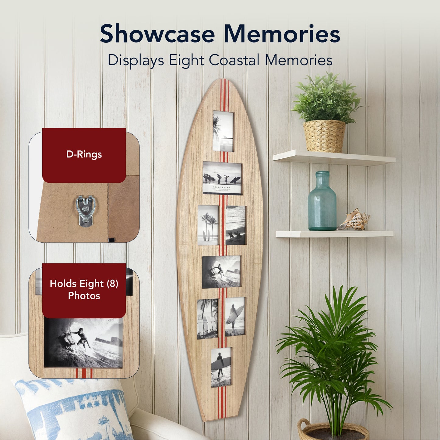 Surfboard Photo Collage Wall Decor - 8-Photo Beach Frame Natural/Red Stripe