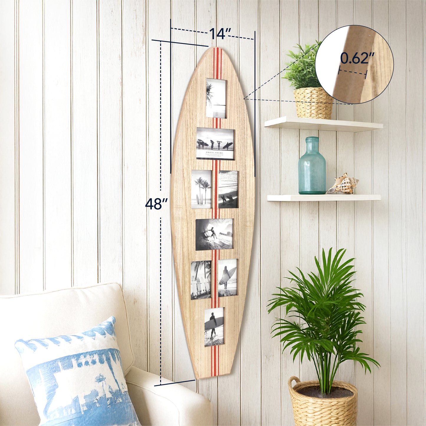 Surfboard Photo Collage Wall Decor - 8-Photo Beach Frame Natural/Red Stripe