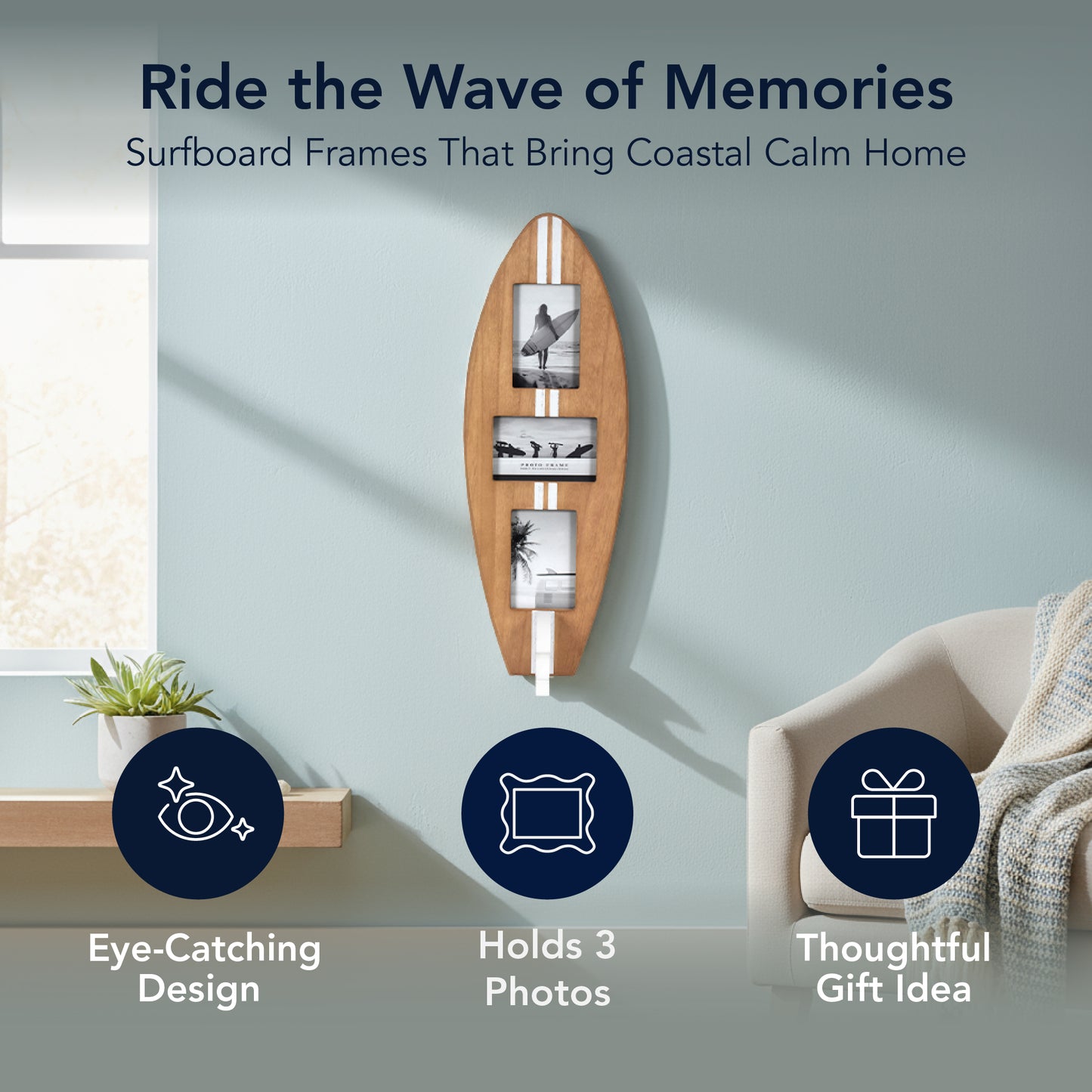 Surfboard Photo Collage Wall Decor - Holds 3 Photos, Wood/White, 25" × 9"