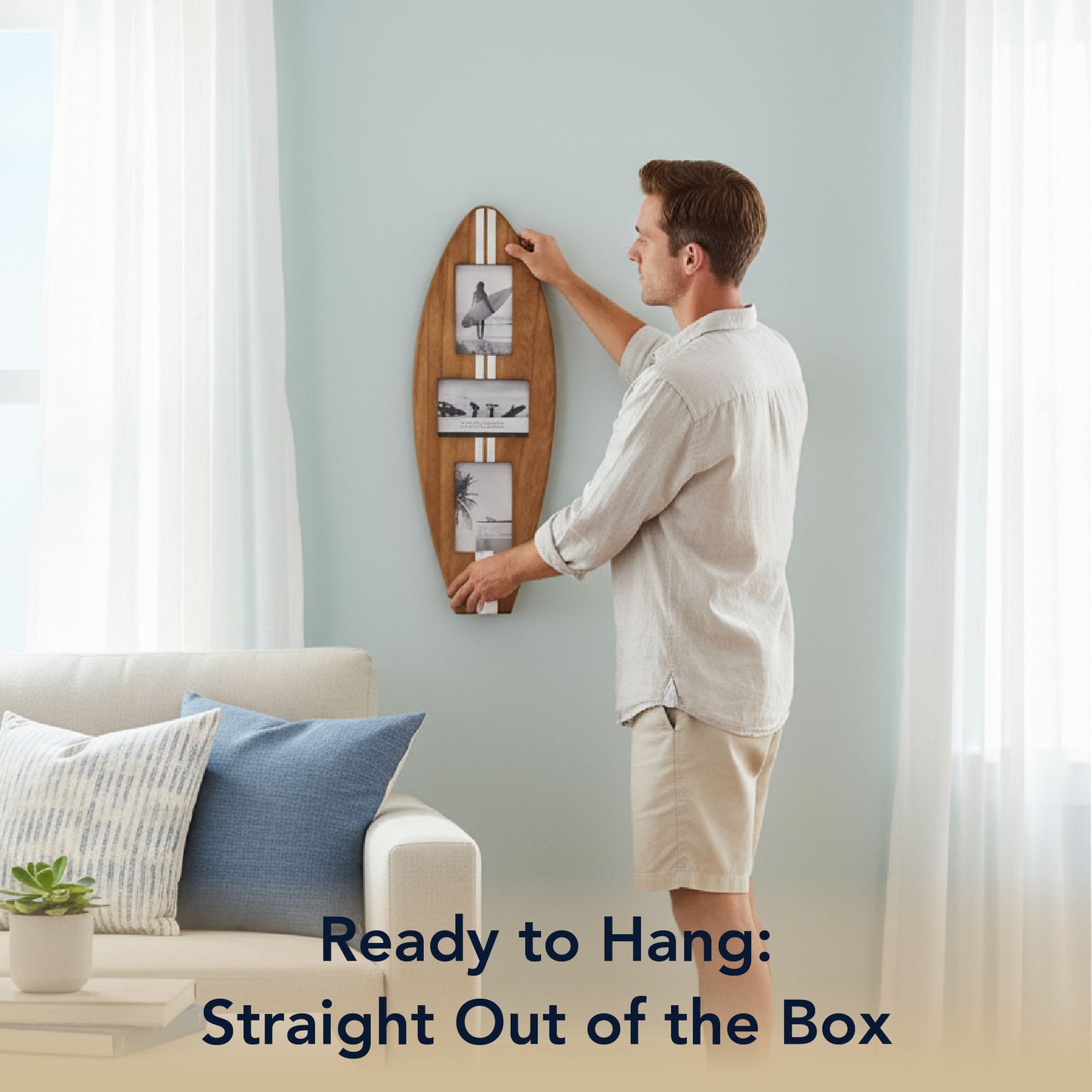 Surfboard Photo Collage Wall Decor - Holds 3 Photos, Wood/White, 25" × 9"