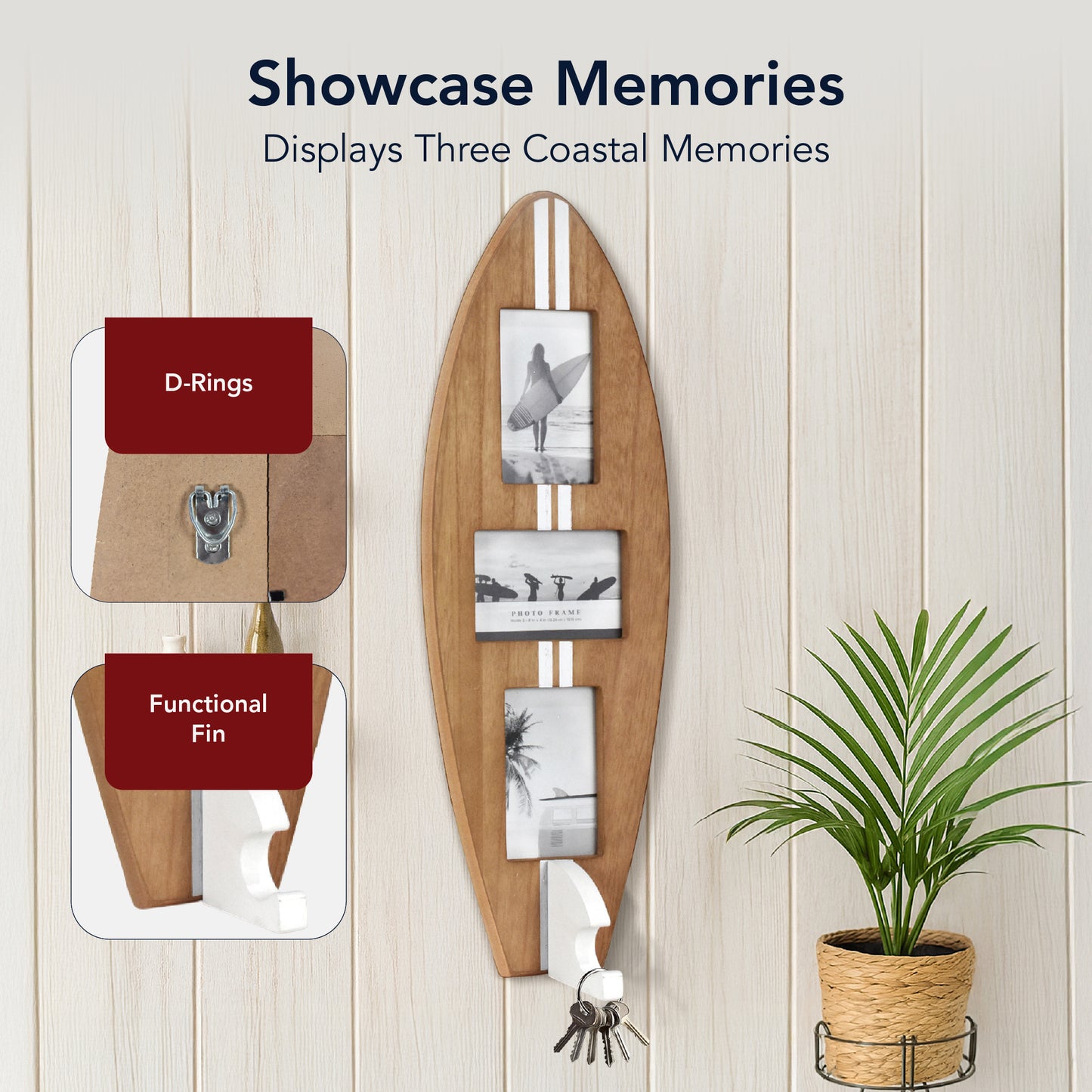 Surfboard Photo Collage Wall Decor - Holds 3 Photos, Wood/White, 25" × 9"