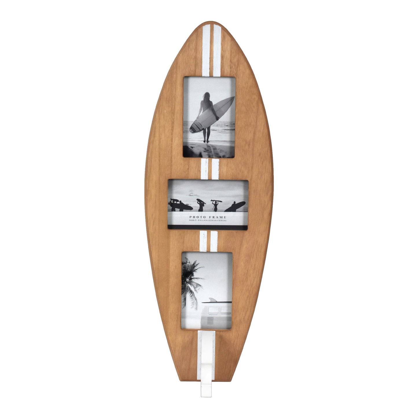 Surfboard Photo Collage Wall Decor - Holds 3 Photos, Wood/White, 25" × 9"