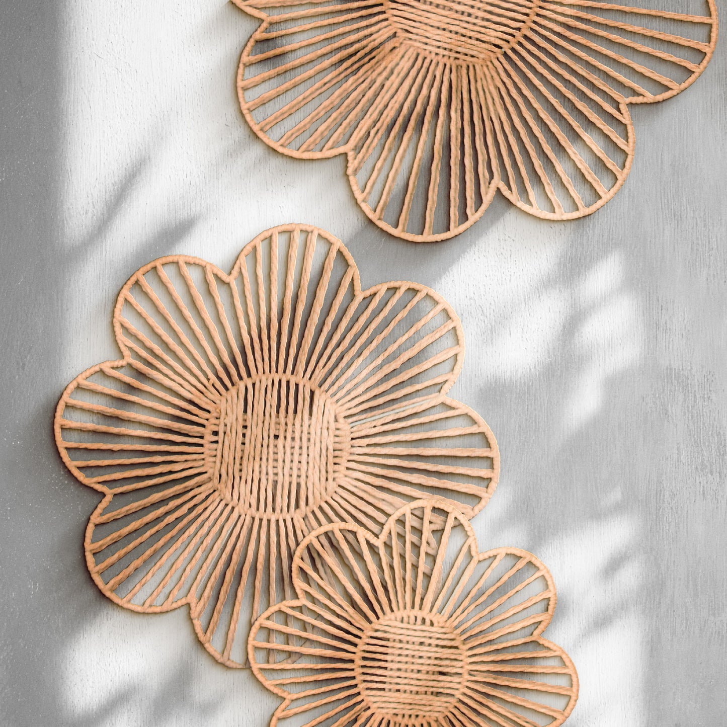 Floral Paper Rope Wall Decor Set of 3 Natural - Boho Wall Art, Farmhouse Basket Style