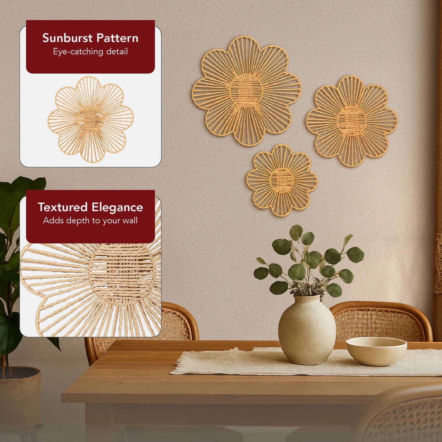 Floral Paper Rope Wall Decor Set of 3 Natural - Boho Wall Art, Farmhouse Basket Style