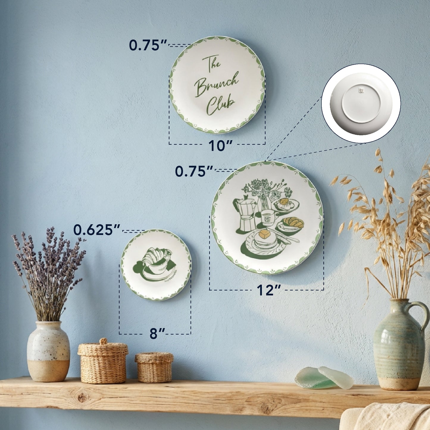 Brunch Club Green & White Ceramic Wall Plate Set of 3