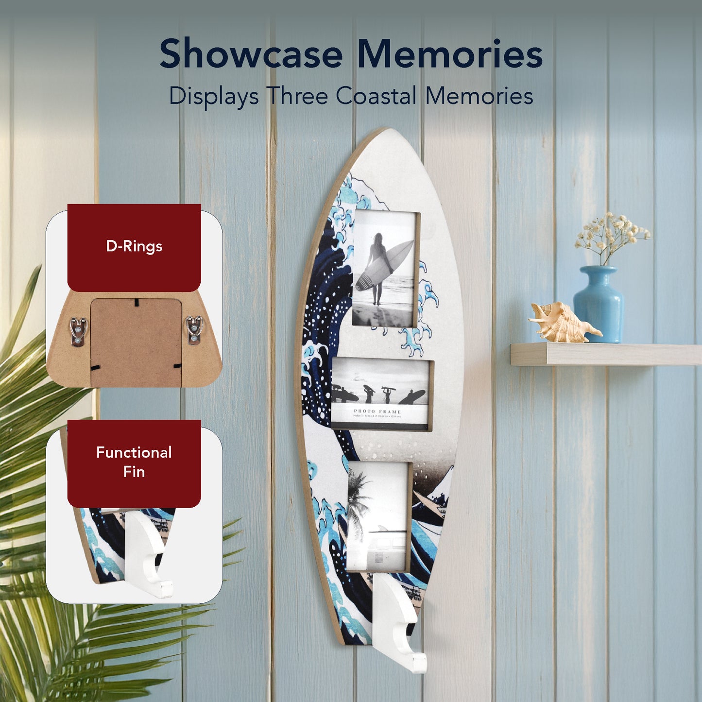 Surfboard Photo Collage Wall Decor - Holds 3 Photos, Great Wave Off Kanagawa, 25" × 9"