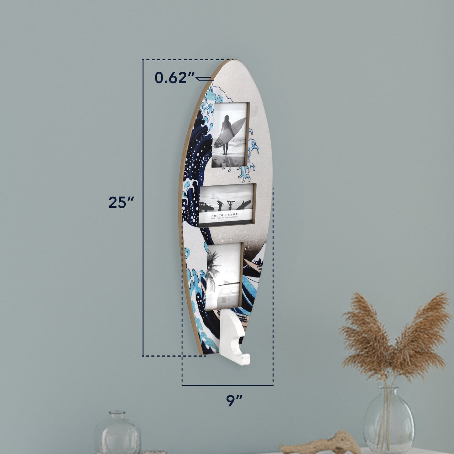 Surfboard Photo Collage Wall Decor - Holds 3 Photos, Great Wave Off Kanagawa, 25" × 9"