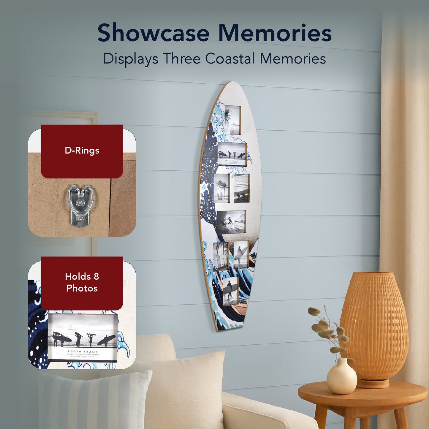 Surfboard Photo Collage Wall Decor - Great Wave Off Kanagawa Coastal Beach Art