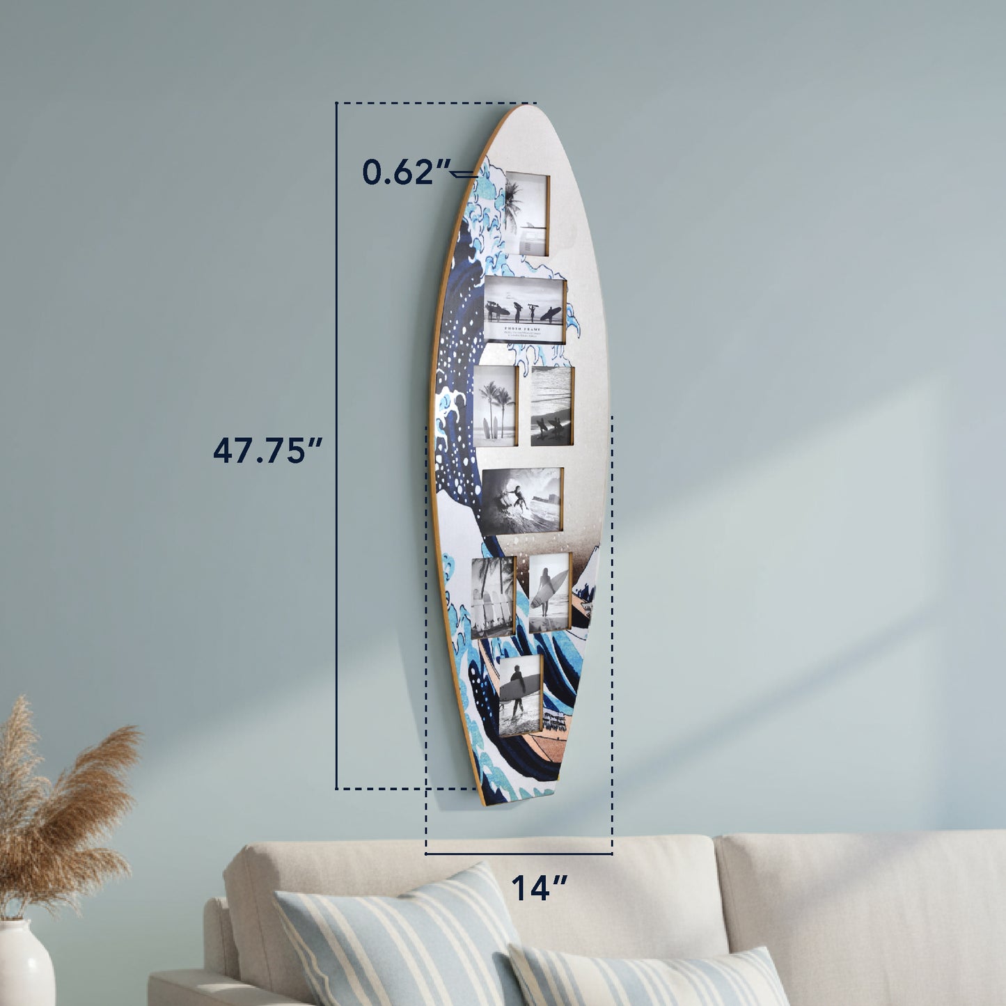 Surfboard Photo Collage Wall Decor - Great Wave Off Kanagawa Coastal Beach Art