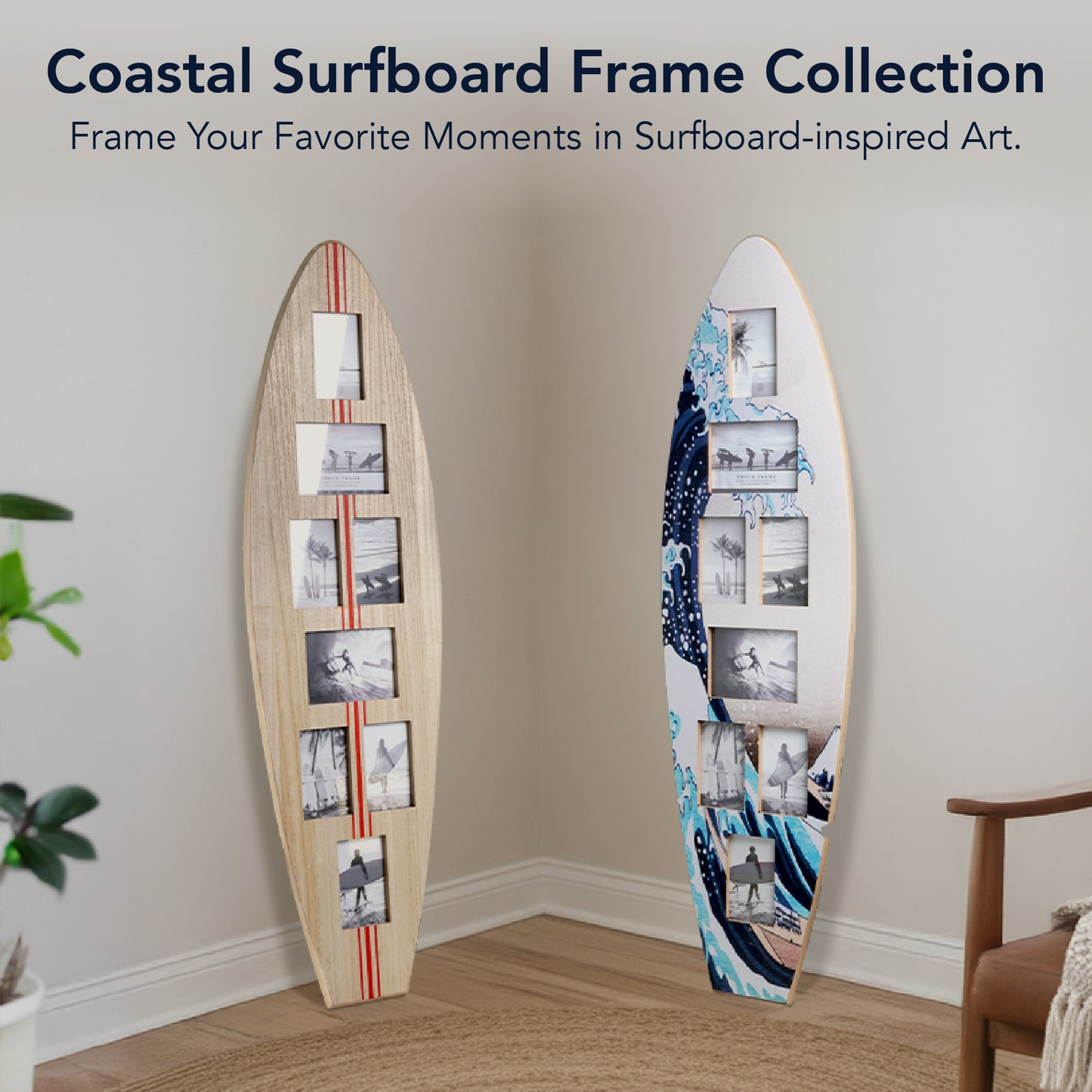 Surfboard Photo Collage Wall Decor - Great Wave Off Kanagawa Coastal Beach Art