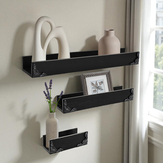 Vintage Black Ornate Trim 3-Piece Floating Wall Shelf Set