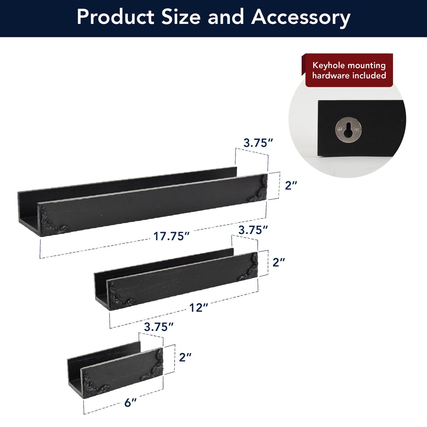 Vintage Black Ornate Trim 3-Piece Floating Wall Shelf Set