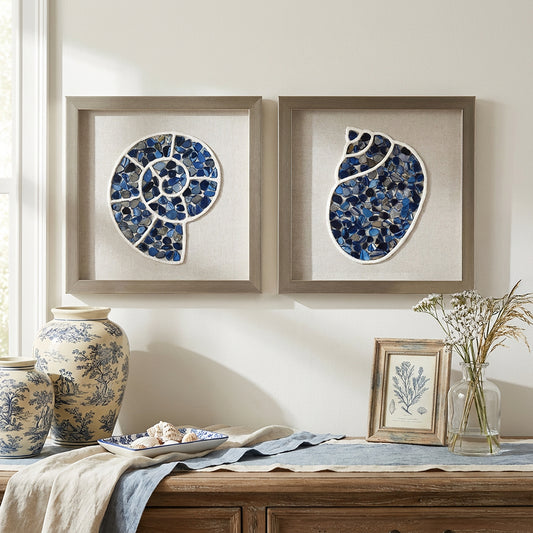 2-pc Sea Glass Shell Wall Art Set - Coastal Blue Shadowbox Decor