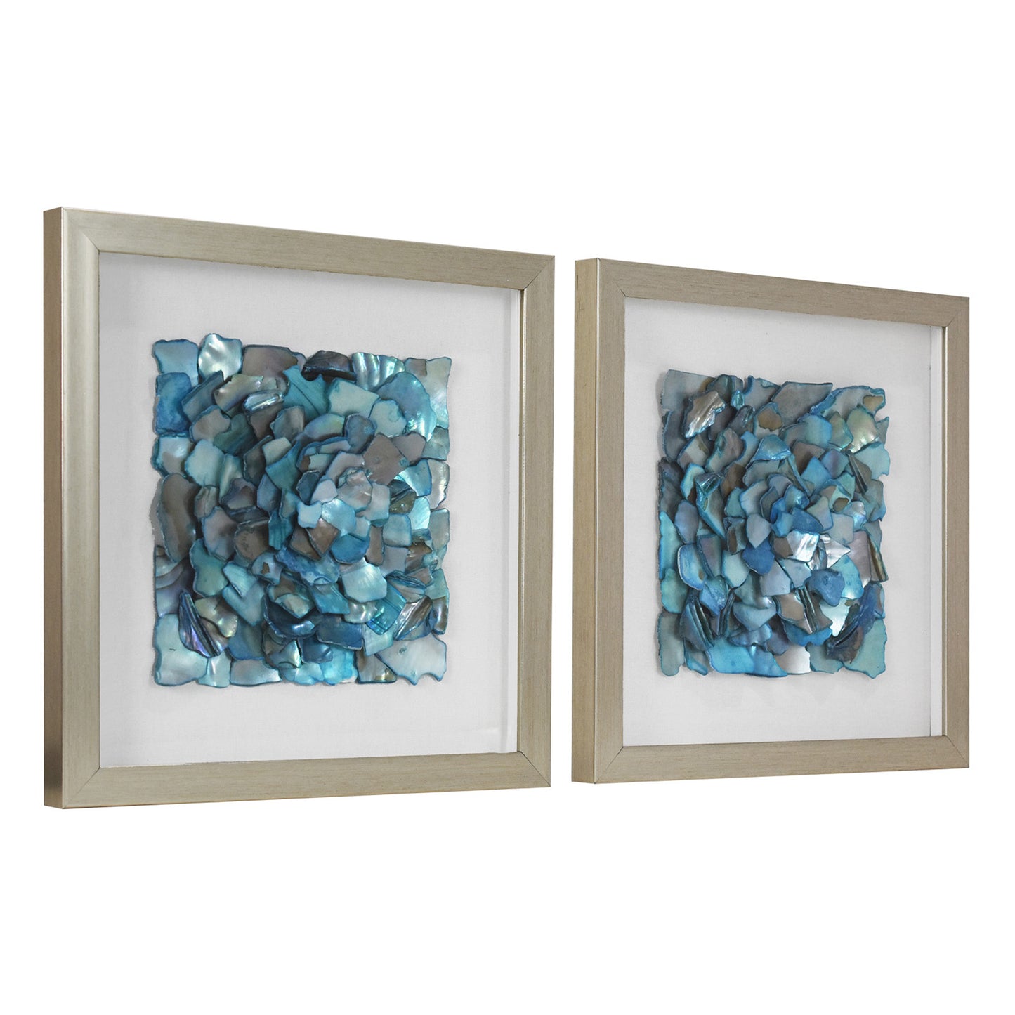 2-pc Sea Glass Shell Wall Art Set - Coastal Aqua & Teal Shadowbox Decor