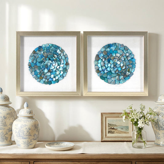 2-pc Sea Glass Shell Wall Art Set – Coastal Aqua & Teal Shadowbox Decor