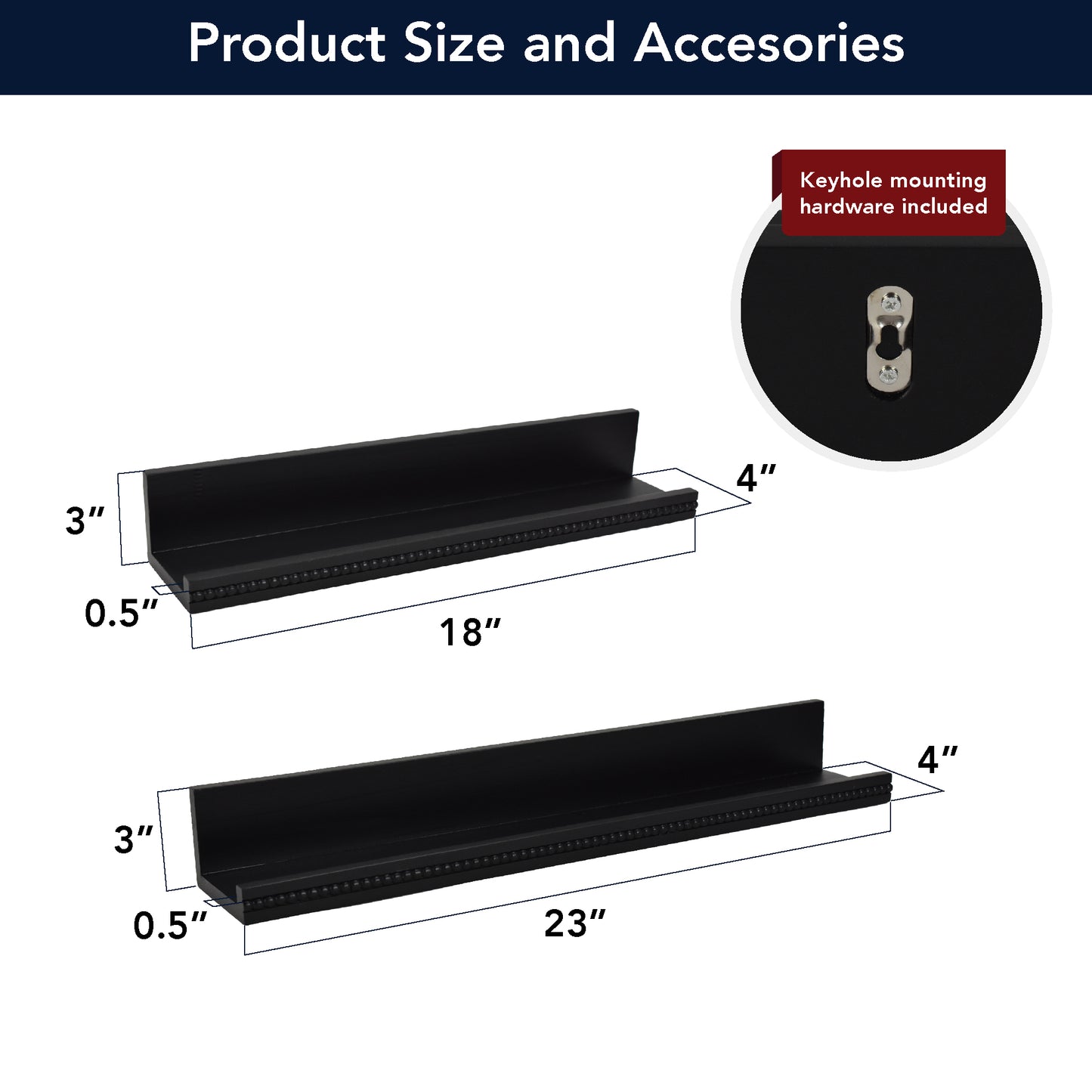 Beaded Ledge 2-Piece Floating Wall Shelf Set, Black Shabby Chic