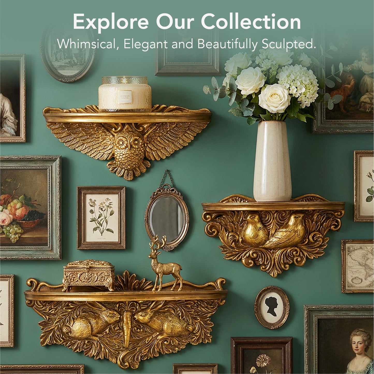 Vintage Ornate Resin Birds Baroque Floating Wall Shelf - Antique Gold