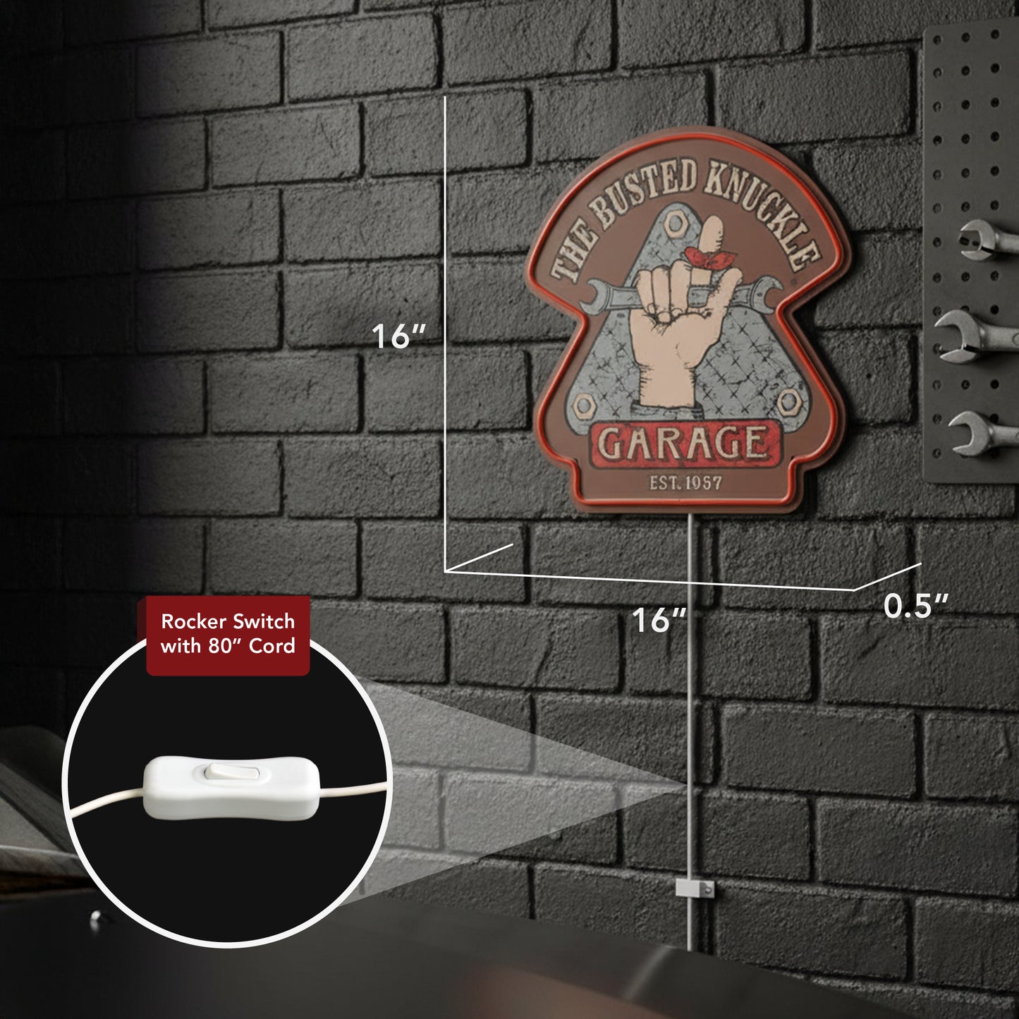 Busted Knuckle Garage LED Sign for Man Cave & Workshop