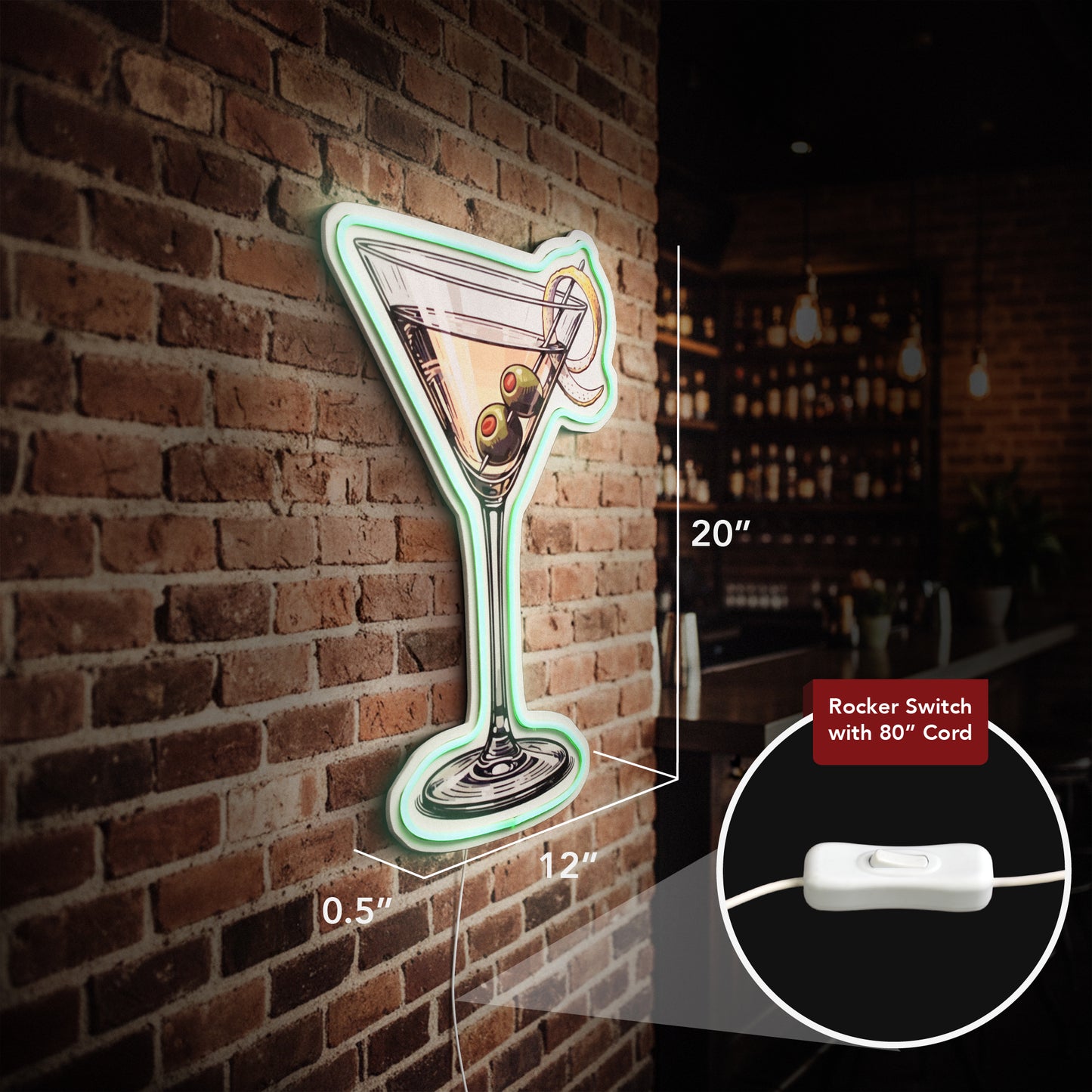 Martini Glass LED Sign for Bar & Wall Decor