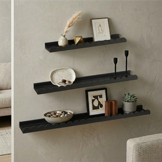 Black Scallop Wood Floating Wall Shelf Set of 3