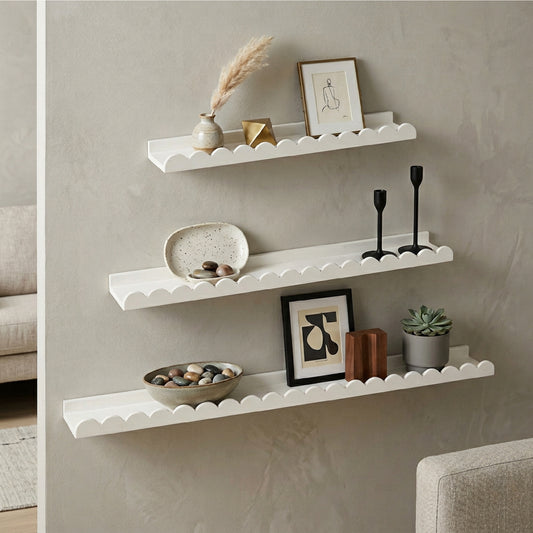 White Scallop Wood Floating Wall Shelf Set of 3