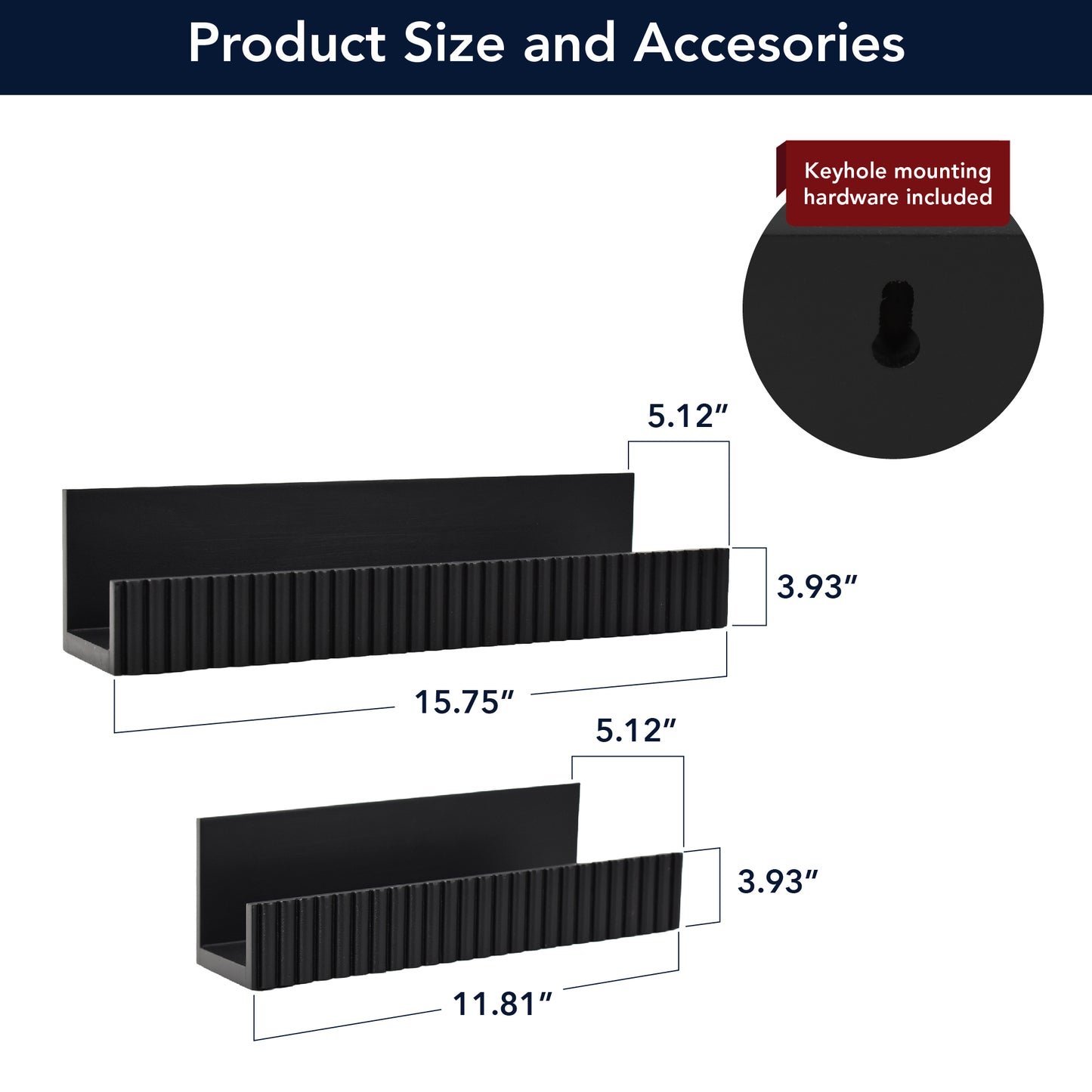 Ribbed 2-Piece Floating Wall Shelf Set, Black Shabby Chic