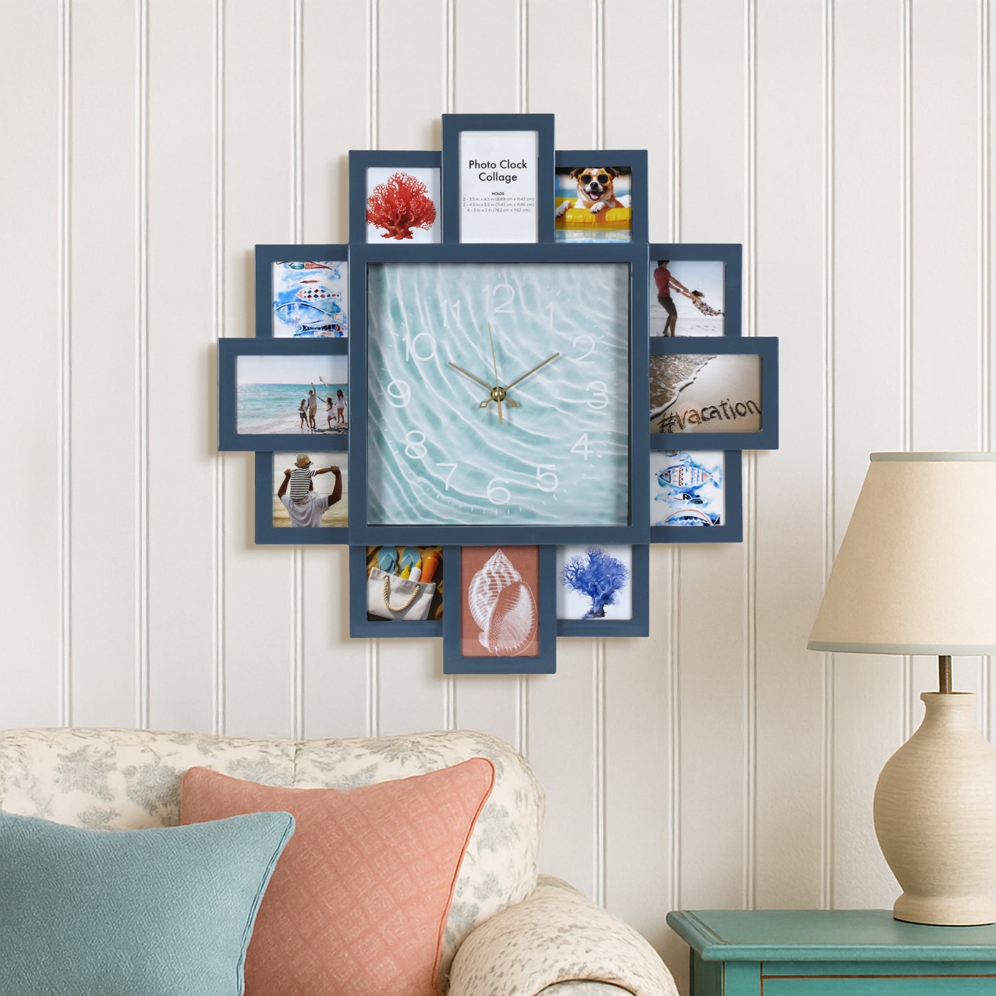 Photo Collage Coastal Blue Wall Clock 20"