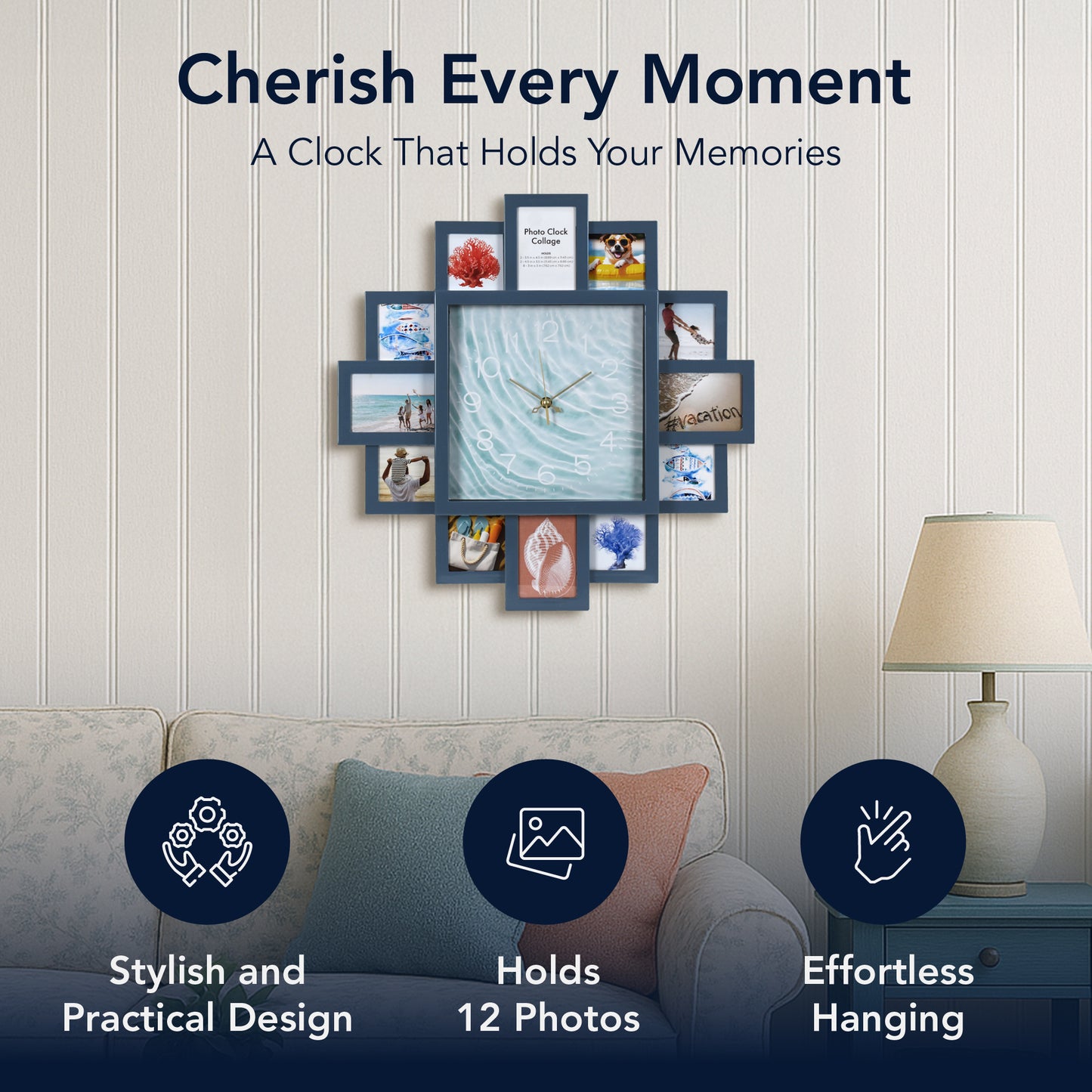 Photo Collage Coastal Blue Wall Clock 20"