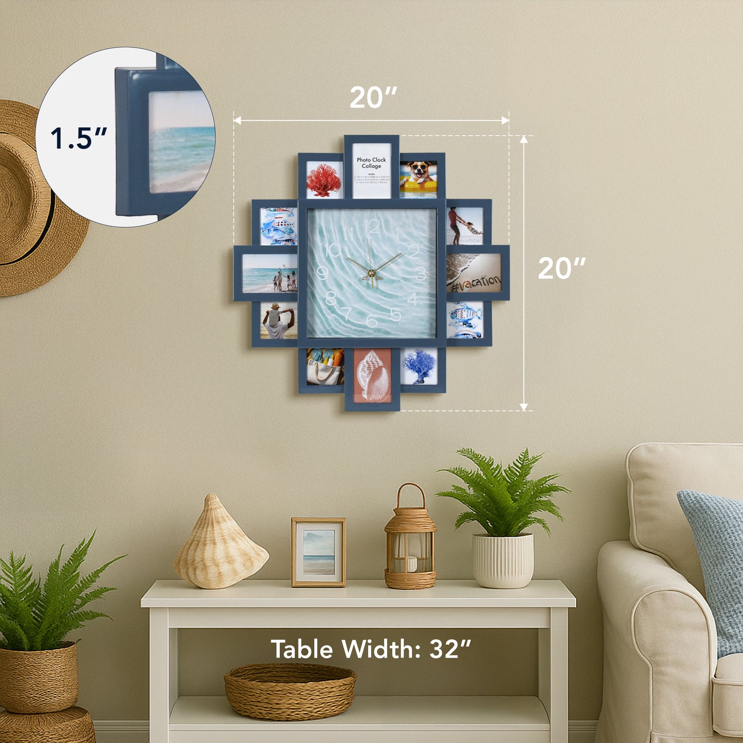 Photo Collage Coastal Blue Wall Clock 20"