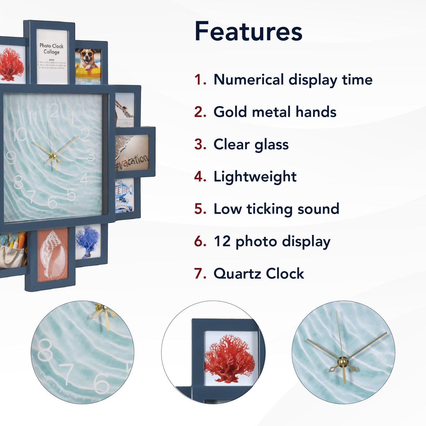 Photo Collage Coastal Blue Wall Clock 20"