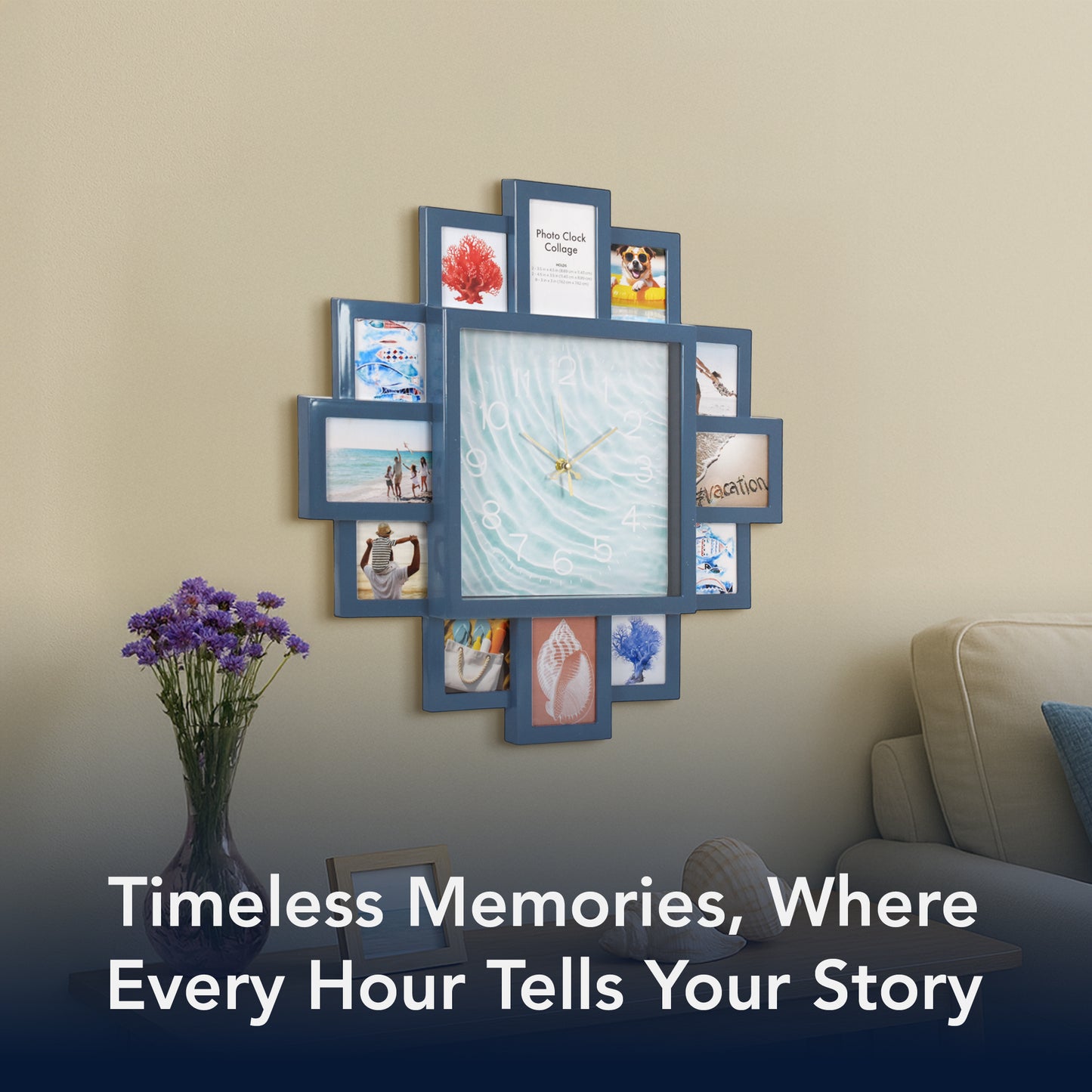 Photo Collage Coastal Blue Wall Clock 20"