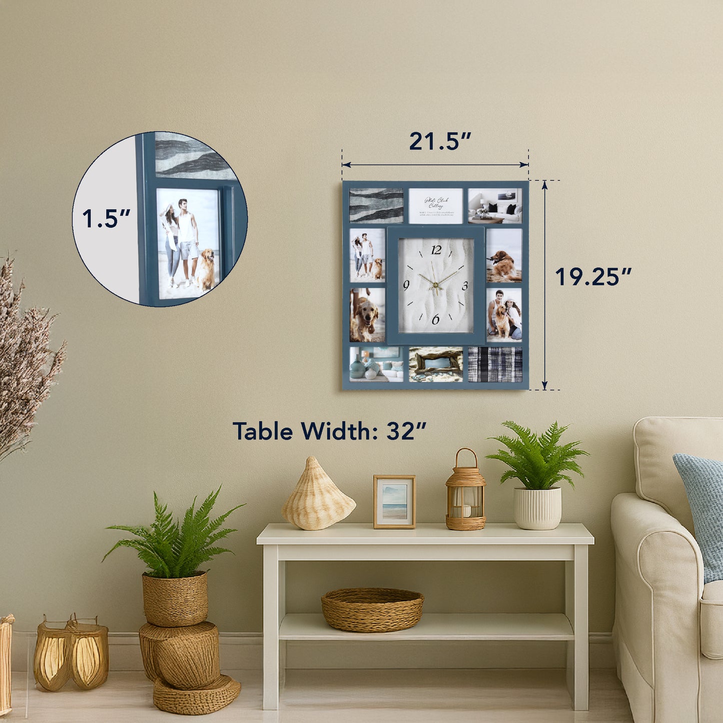 Photo Collage Coastal Blue Wall Clock 21"