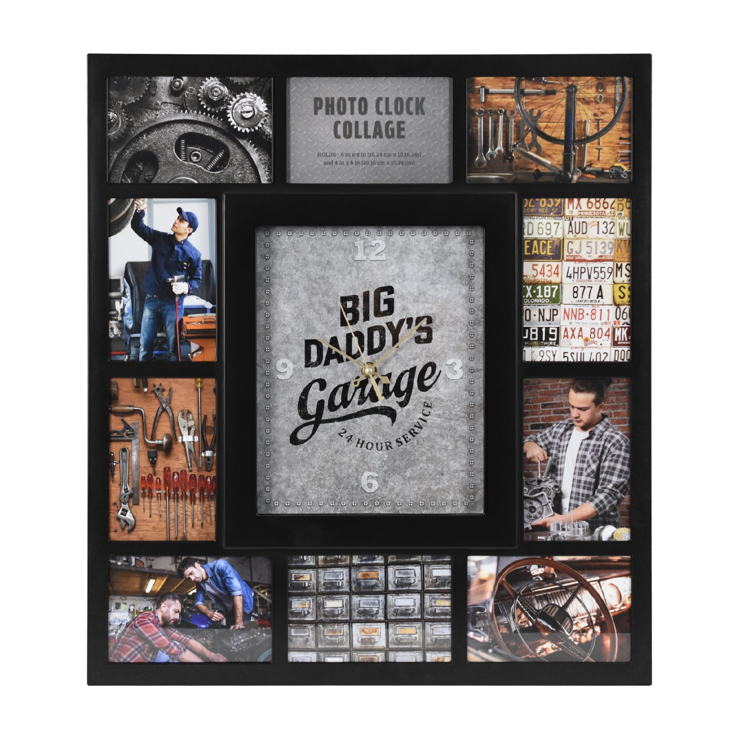 Photo Collage "Big Daddy's Garage" Black Wall Clock 21"