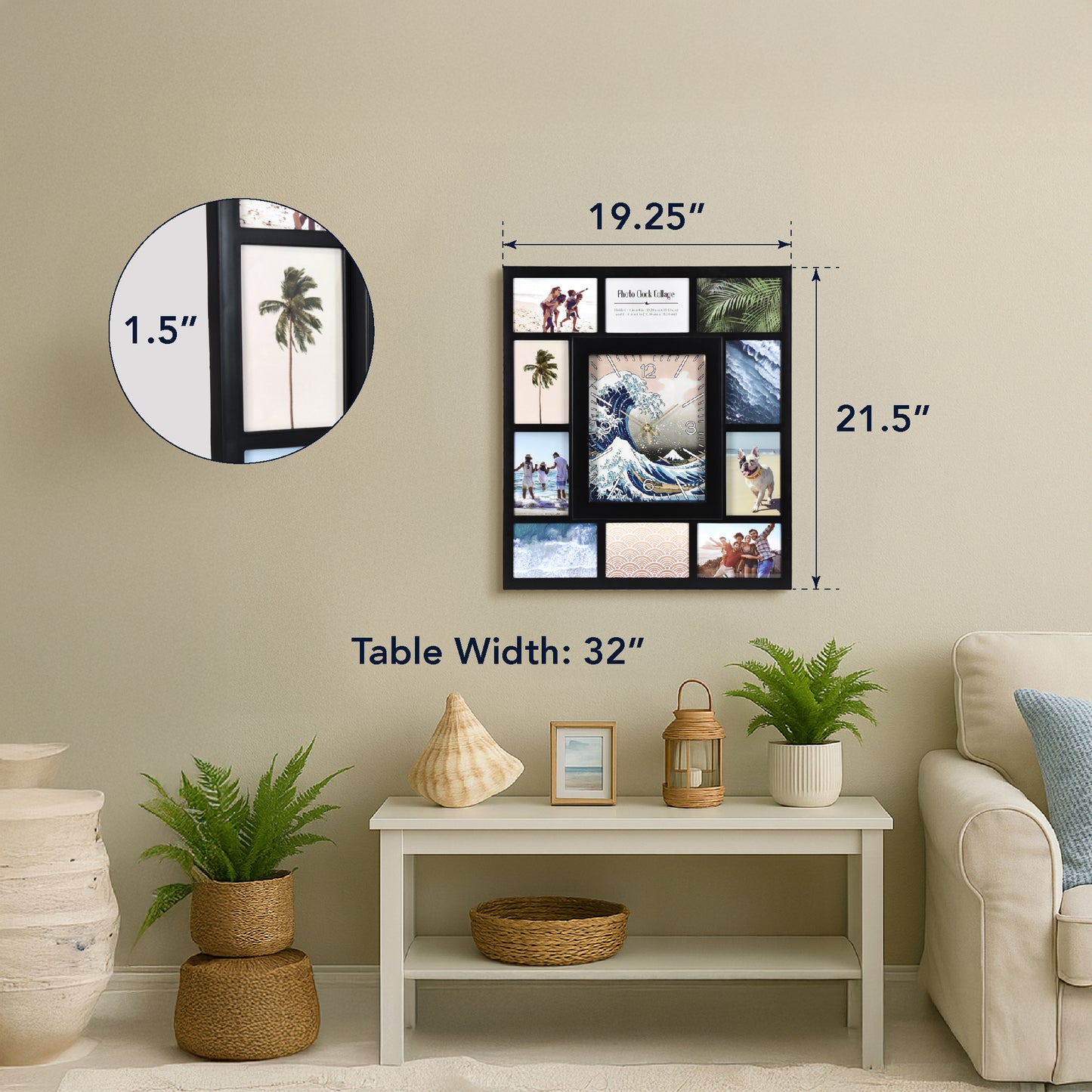 Photo Collage "The Great Wave" Black Wall Clock 21"