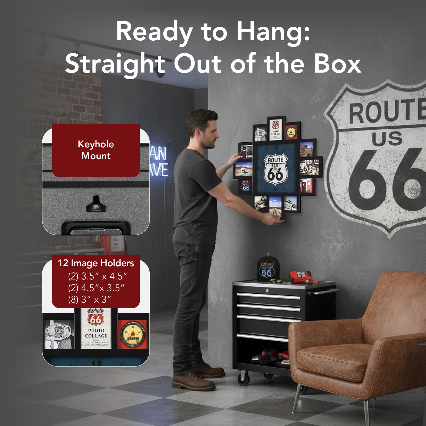 Photo Collage US Route 66 Black Wall Clock 20"