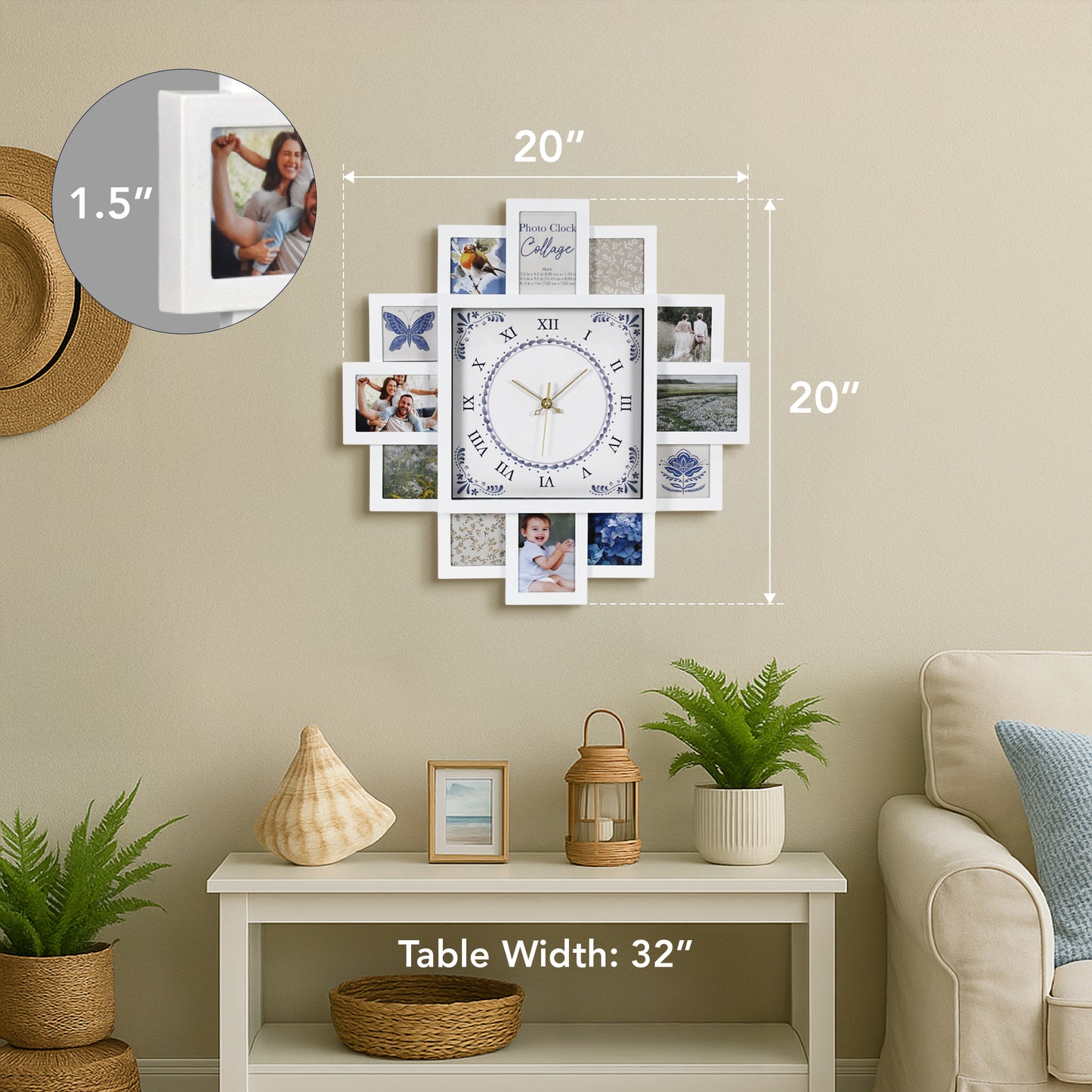 Photo Collage White & Blue Black Wall Clock 20"