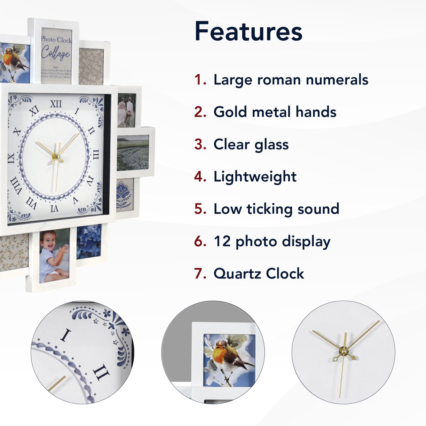 Photo Collage White & Blue Black Wall Clock 20"