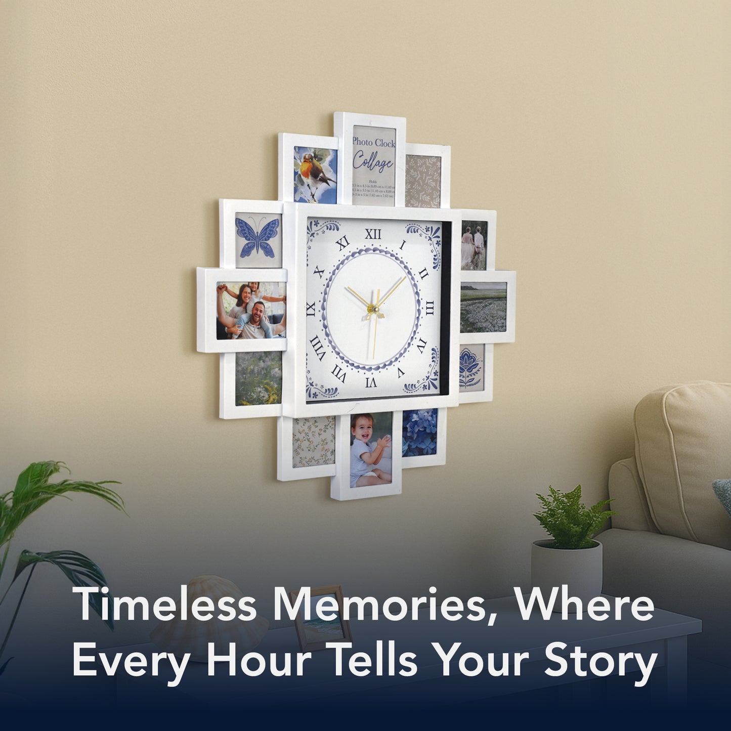 Photo Collage White & Blue Black Wall Clock 20"